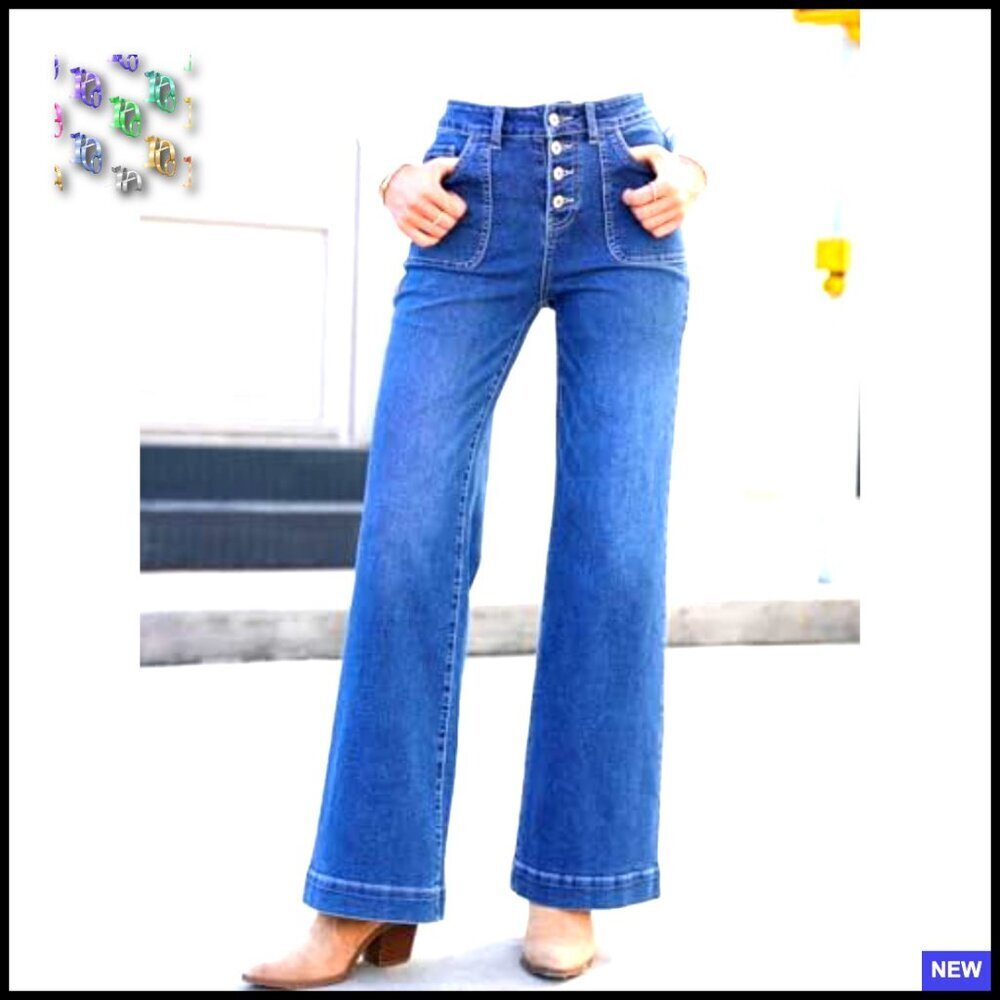 Straight Leg Jeans Stretchy Denim High Waisted Buttoned Wide Leg Pants - Picture 3 of 7
